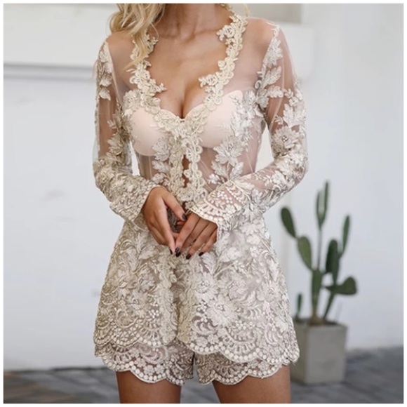 Pants - Gold Mesh Embroidered Scalloped Lace Shorts Top